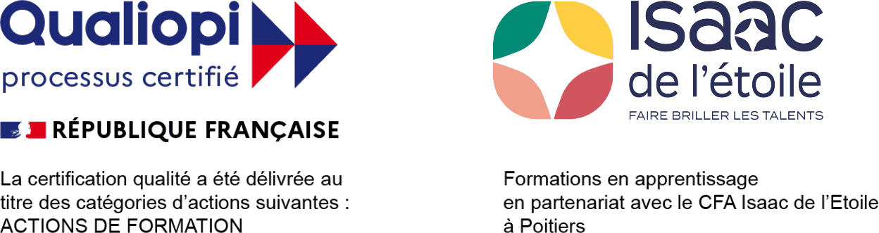 Logo Qualiopi processus certifié (République Française) – actions de formation – et logo du CFA Isaac de l'Étoile, partenaire apprentissage de l'ICSSA